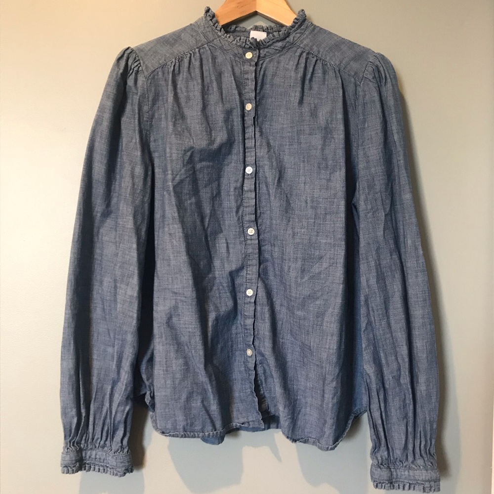GAP | Ruffle Mock Neck Chambray Blouse